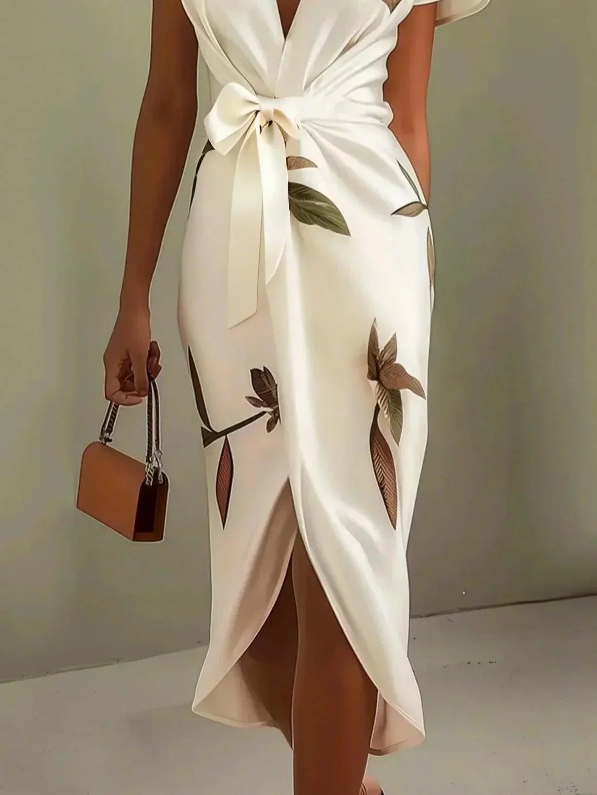 Midi-Kleid aus Satin mit kurzen Ärmeln und weißem Blättermotiv