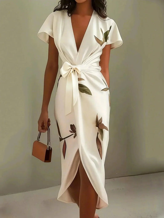 Midi-Kleid aus Satin mit kurzen Ärmeln und weißem Blättermotiv