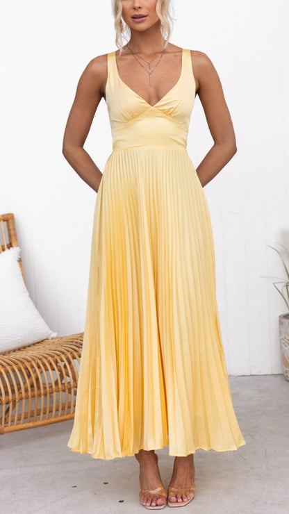 Eline | Elegantes langes Kleid mit V-Ausschnitt und plissierter Rock