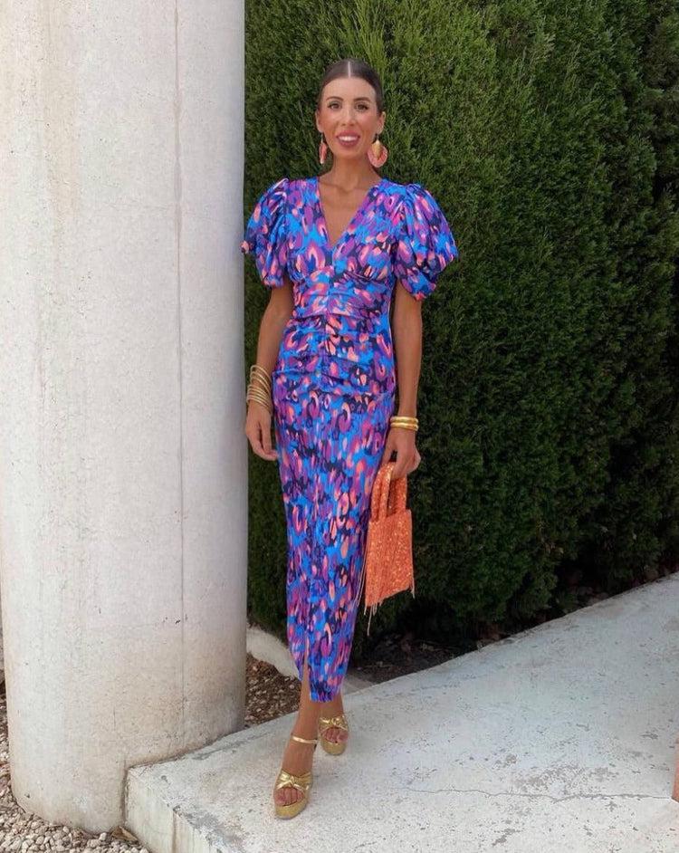 Loren - Kleid mit puffigen Ärmeln in lebhaften Farben