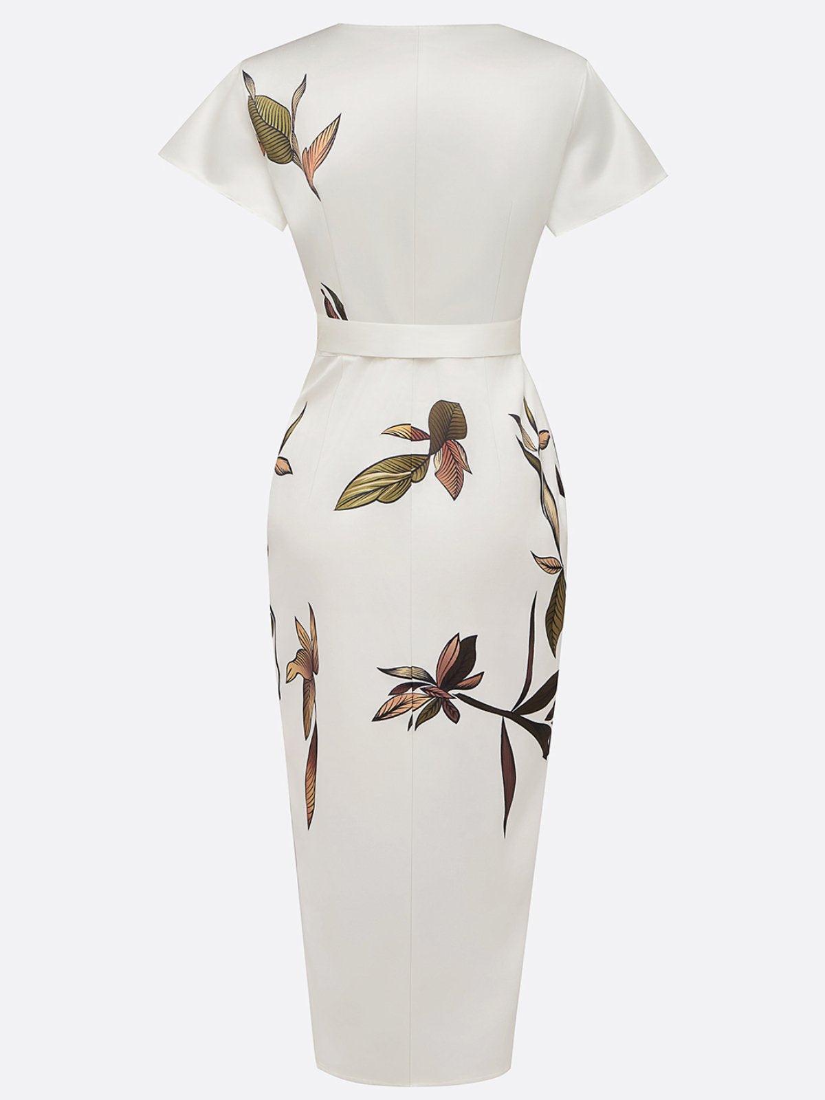 Midi-Kleid aus Satin mit kurzen Ärmeln und weißem Blättermotiv